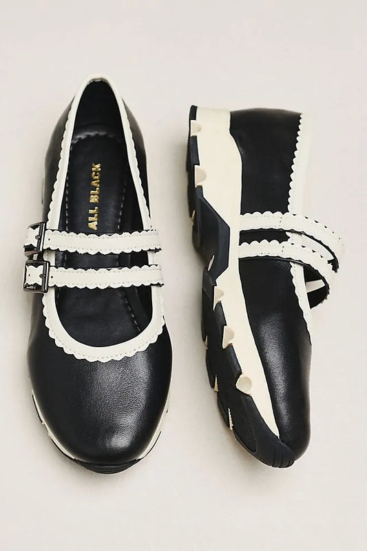 All Black Double-Scalloped Mary Jane Flats