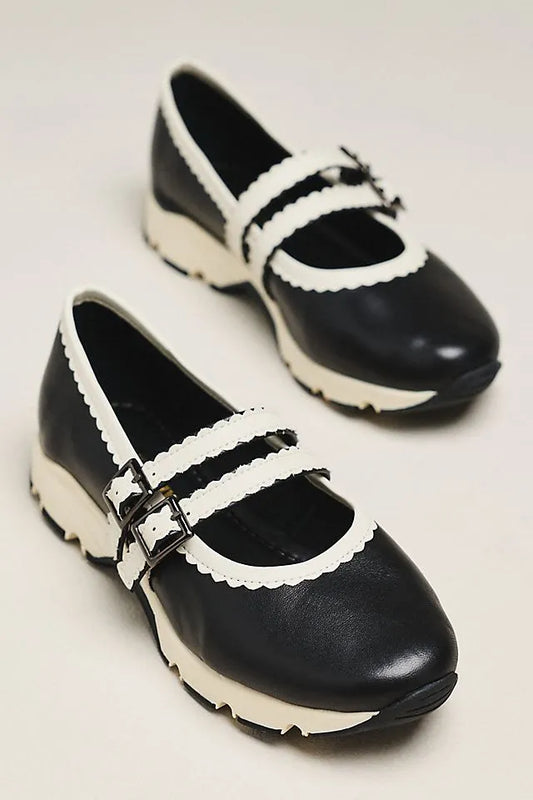 All Black Double-Scalloped Mary Jane Flats